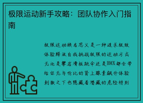 极限运动新手攻略：团队协作入门指南