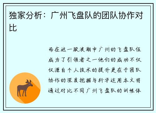 独家分析:广州飞盘队的团队协作对比