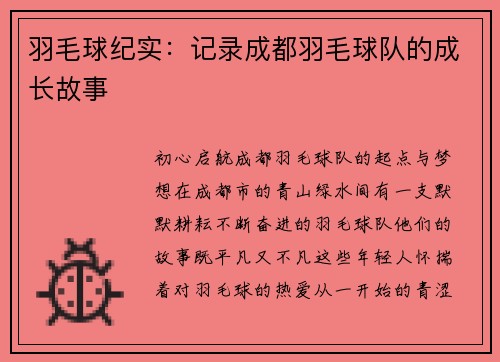 羽毛球纪实:记录成都羽毛球队的成长故事