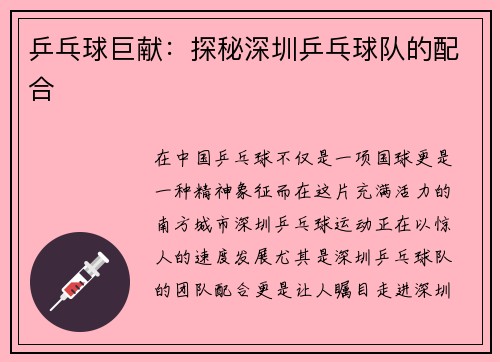 乒乓球巨献：探秘深圳乒乓球队的配合