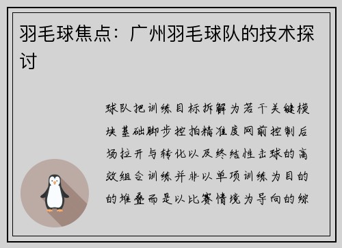 羽毛球焦点：广州羽毛球队的技术探讨