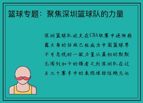 篮球专题：聚焦深圳篮球队的力量